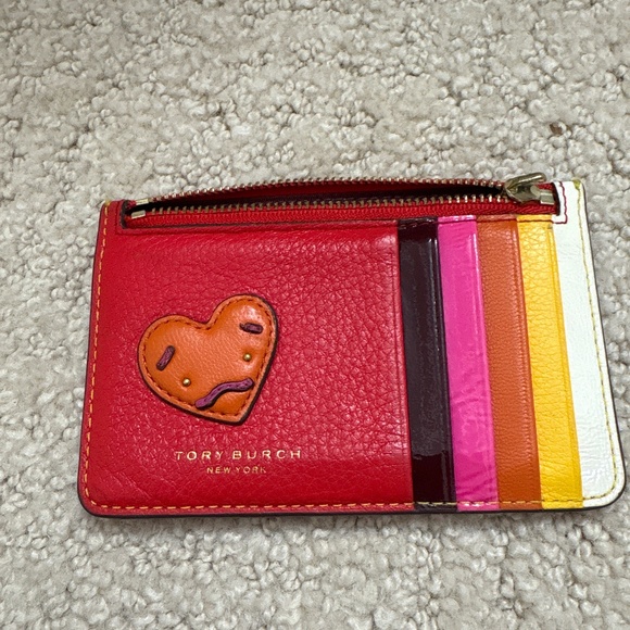 Tory Burch Perry Patchwork Hearts Card Case Zip Wallet ID - Picture 1 of 7